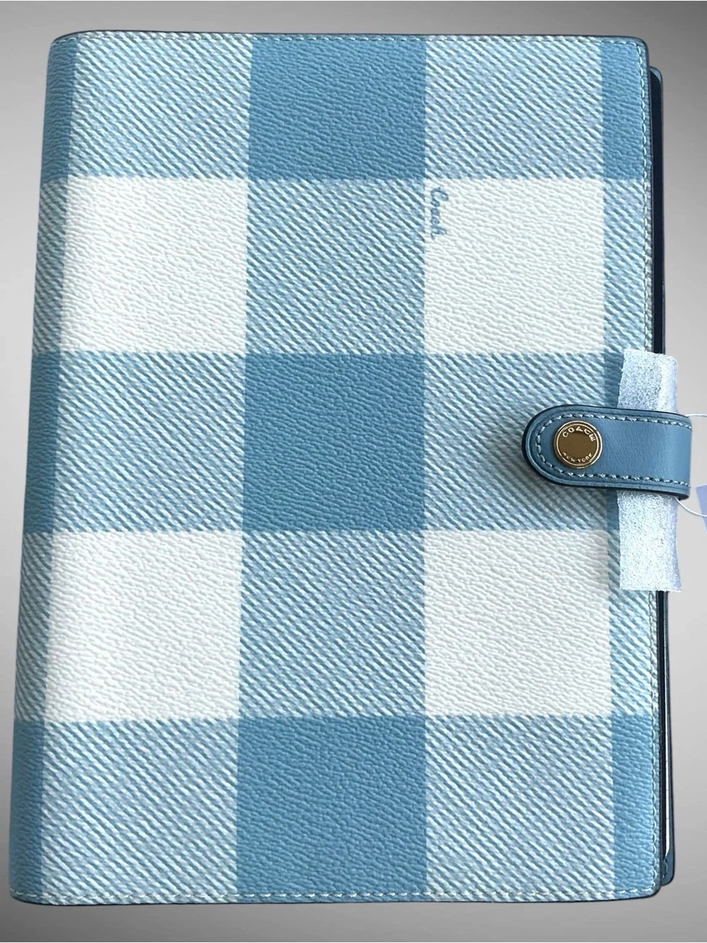 Coach Gingham Print Notebook Journal Blue White Plaid Snap Closure NWT
